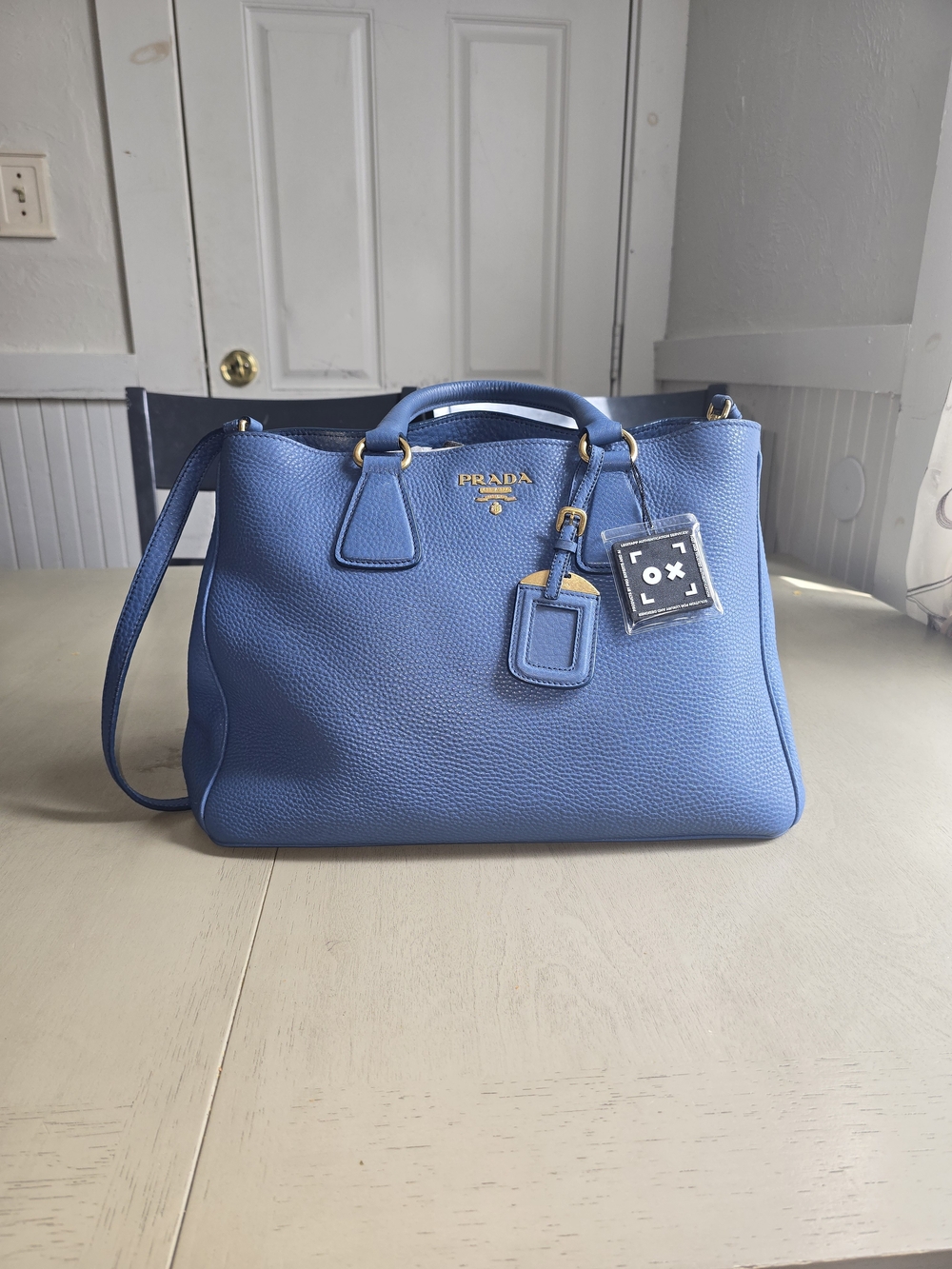 Prada Blue Pebbled Leather Shoulder Bag with Gold Hardware